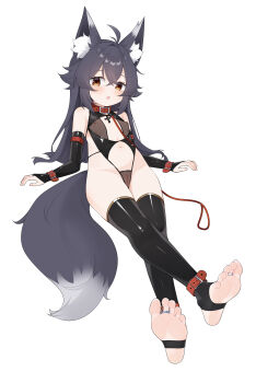 1girl absurdres ahoge animal_ear_fluff animal_ears barefoot black_gloves black_hair black_leotard black_thighhighs breasts bridal_gauntlets brown_eyes collar crossed_legs elbow_gloves feet fox_ears fox_girl fox_tail gloves groin highleg highleg_leotard highres leash legs leotard loli long_hair navel nipples original pussy small_breasts soles solo stirrup_legwear stomach tail thighhighs thighs toeless_legwear toes wl217_(nicexa111)