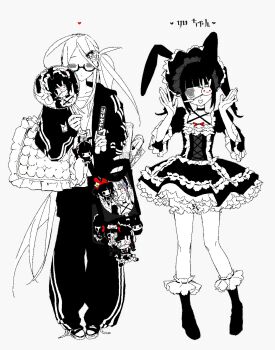 1boy 1girl animal_ears bag bonnet character_doll character_print doll dress eyepatch fake_animal_ears frilled_dress frills full_body glasses gothic_lolita hair_ornament hand_fan highres holding jacket lolita_fashion long_hair looking_at_viewer monochrome pants ponytail rabbit_ears shoes smile spot_color standing susushi_11 track_jacket track_pants twintails very_long_hair