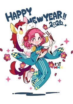 1girl 2026 :d ^_^ blue_kimono blush bowl checkered_clothes checkered_kimono chopsticks closed_eyes commentary dot_nose english_commentary full_body hairband happy_new_year holding holding_bowl holding_chopsticks horse japanese_clothes kimono long_sleeves nagino_nichiko new_year obi okobo open_mouth original parted_bangs pink_sash platform_sandals red_hair red_hairband red_sandals sandals sash short_hair signature simple_background smile socks solo sparkle striped_sash tabi white_background white_socks wide_sleeves zouni_soup