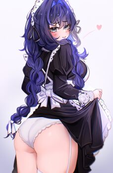 Rule 34 | 1girl, absurdres, apron, artist name, ass, black dress, blue eyes, blue hair, blush, braid, breasts, closed mouth, clothes lift, cowboy shot, dress, dress lift, embarrassed, embroidery, frilled hat, frills, from side, furrowed brow, garter straps, grey background, hair between eyes, hair intakes, hair ribbon, hashtag-only commentary, hat, heart, highres, hololive, hololive english, juliet sleeves, ketari, lace, lace-trimmed panties, lace trim, large breasts, lifting own clothes, long hair, long sleeves, looking at viewer, low twin braids, maid, maid apron, maid headdress, official alternate costume, official alternate hairstyle, ouro kronii, ouro kronii (maid), panties, puffy sleeves, ribbon, simple background, solo, standing, sweat, thighhighs, twin braids, underwear, virtual youtuber, white apron, white panties, white ribbon, white thighhighs
