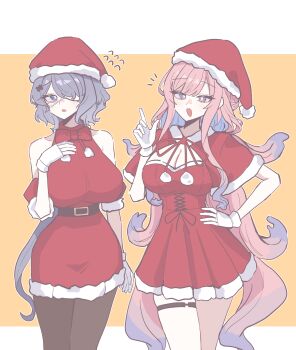 2girls absurdres alternate_costume arknights bare_shoulders belt blue_eyes blue_hair border bow bowtie breasts capelet cleavage commentary cowboy_shot dress english_commentary eyepatch gloves hair_ornament hand_on_own_chest hand_on_own_hip hat highres hmrsh index_finger_raised large_breasts long_hair looking_at_viewer lucilla_(arknights) multiple_girls neck_ribbon one_eye_covered open_mouth pantyhose pink_hair pom_pom_(clothes) purple_eyes red_bow red_capelet red_dress red_hat red_ribbon ribbon santa_costume santa_hat short_dress side-by-side sleeveless sleeveless_dress standing thigh_strap whisperain_(arknights) white_border white_gloves x_hair_ornament yellow_background
