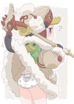 1girl ? accidental_exposure animal_print backpack bag black_gloves blush border cat_print coat commentary_request cowboy_shot from_behind fur_trim gloves green_bag grey_background hat highres holding holding_weapon long_sleeves looking_back monster_hunter:_world monster_hunter_(series) original outline outside_border panties pantyshot paw_print purple_eyes samansa_ex shirt standing tabasa_(samansa_ex) underwear weapon weapon_request white_border white_coat white_hair white_hat white_outline white_shirt