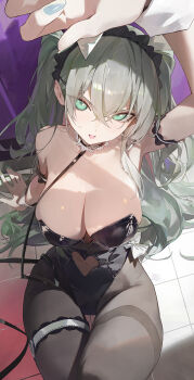 1girl animal_ears arm_garter arm_support arm_up armpits bare_shoulders black_choker black_leotard breasts brown_pantyhose choker cleavage clothing_cutout commentary covered_navel fake_animal_ears foreshortening from_above gradient_hair green_eyes green_hair green_nails grey_hair hair_between_eyes hairband heart heart_choker heart_cutout highleg highleg_leotard highres large_breasts leash leotard long_hair looking_at_viewer looking_up modare multicolored_hair nail_polish navel_cutout on_floor original pantyhose playboy_bunny rabbit_ears sitting smile solo strapless strapless_leotard thigh_gap thigh_strap thighband_pantyhose tile_floor tiles tongue tongue_out two_side_up v-shaped_eyebrows very_long_hair wrist_cuffs