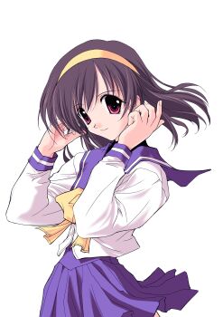 absurdres bow bowtie brown_hair hairband high-waist_skirt highres imasaka_yue looking_at_viewer memories_off memories_off_1 non-web_source official_art school_uniform short_hair skirt smile yellow_bow yellow_bowtie yellow_hairband