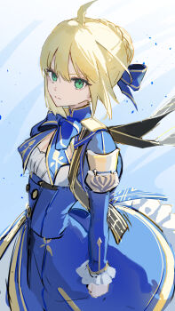 1girl absurdres ahoge armor artoria_pendragon_(fate) backlighting black_cape blonde_hair blue_background blue_bow blue_bowtie blue_dress bow bowtie braid braided_bun breasts buttons cape cleavage_cutout clenched_hand closed_mouth clothing_cutout cowboy_shot dress fate/stay_night fate_(series) floating_cape frills fur-trimmed_sleeves fur_trim green_eyes hair_between_eyes hair_bow hair_bun highres honkai:_star_rail honkai_(series) juliet_sleeves long_sleeves looking_at_viewer marumai medium_breasts puffy_sleeves saber_(fate) saber_(honkai:_star_rail)_(fate) short_hair shoulder_armor sidelocks simple_background smile solo standing