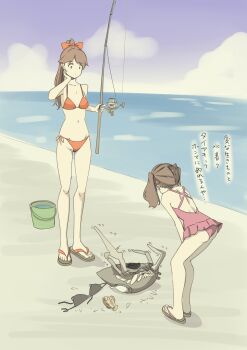 2girls abyssal_ship ass beach bikini blue_sky breasts brown_hair bucket casual_one-piece_swimsuit chakoru cloud day fishing_line highres horizon houshou_(kancolle) kantai_collection long_hair multiple_girls ocean one-piece_swimsuit orange_bikini outdoors red_swimsuit ryuujou_(kancolle) side-tie_bikini_bottom sky small_breasts swimsuit unworn_bikini_top