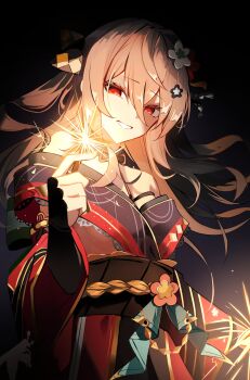 Rule 34 | 1girl, absurdres, bare shoulders, black survival, dark background, eternal return: black survival, firecrackers, garnet (black survival), highres, japanese clothes, kimono, long hair, long sleeves, looking at viewer, red eyes, rin ring02, smile, solo