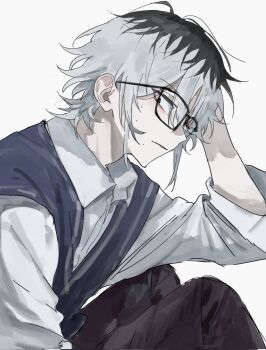 1boy black_eyes blue_vest closed_mouth collared_shirt commentary_request from_side glasses grey_hair highres looking_at_viewer male_focus mole mole_on_cheek multicolored_hair original roots_(hair) shirt short_hair simple_background sini_user solo vest white_background white_shirt