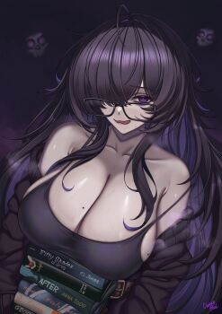 1girl absurdres bags_under_eyes black-framed_eyewear black_cardigan black_hair book book_stack breasts caiman_pool cardigan cardigan_partially_removed cleavage colored_inner_hair commentary dress english_commentary fifty_shades_of_grey floating_skull glasses goddess_of_victory:_nikke hair_between_eyes hand_on_book highres label_(nikke) large_breasts mole mole_on_breast multicolored_hair nervous_smile open_mouth purple_hair purple_streaks simple_background smile solo taut_clothes taut_dress twilight_(series) two-tone_hair veins veiny_breasts