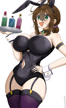 Rule 34 | 1girl, ahoge, animal ears, brown hair, chamumi (mochiumee), clothing cutout, cowboy shot, female admiral (kancolle), folded ponytail, gloves, green eyes, highres, kantai collection, kneehighs, looking at viewer, navel, navel cutout, open mouth, original, playboy bunny, rabbit ears, simple background, smile, socks, solo, white background