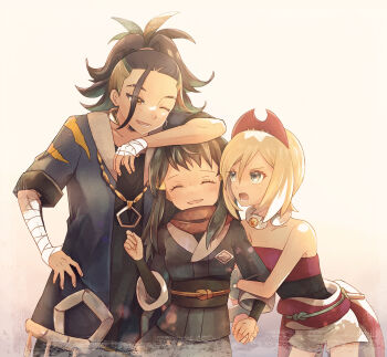 1boy 2girls adaman_(pokemon) akari_(pokemon) arm_hug arm_on_own_head black_hair blonde_hair blue_hair bracelet galaxy_expedition_team_survey_corps_uniform hairband highres irida_(pokemon) jewelry multicolored_hair multiple_girls neck_ring necklace nintendo pokemon pokemon_legends:_arceus ric_(aceradio) scarf smile two-tone_hair upper_body waist_cape wrist_wrap