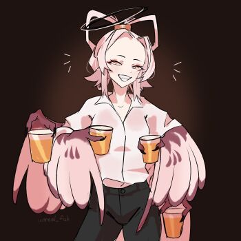 Rule 34 | 1girl, absurdres, animal ears, bird ears, black pants, brown background, claws, commentary, cup, english commentary, extra arms, feathered wings, feathers, grin, hair rings, halo, harpy, highres, holding, holding cup, long hair, looking at viewer, monster girl, original, pants, parted bangs, pink feathers, pink hair, pink shirt, pink wings, shirt, simple background, smile, solo, twitter username, unreal fish, winged arms, wings, yellow eyes