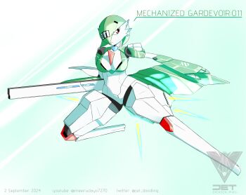 1girl arm_up artist_name blue_background bob_cut breasts character_name closed_mouth colored_skin dated english_text female_focus full_body gardevoir gen_3_pokemon green_hair green_skin hair_over_one_eye highres holding holding_weapon humanoid_robot jet_doodling joints looking_to_the_side mechanization medium_breasts multicolored_skin nintendo number_tattoo one_eye_covered outstretched_arm pokemon pokemon_(creature) railgun red_eyes robot robot_joints short_hair signature solo tattoo twitter_username two-tone_skin watermark weapon white_skin youtube_username