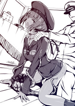 1boy 1girl abyssal_ship admiral_(kancolle) anchor bad_id bad_pixiv_id blush clothed_sex commentary_request doggystyle enemy_naval_mine_(kancolle) faceless faceless_male gloves hands_on_another&#039;s_shoulders hat hetero highres implied_sex kantai_collection kobayashi_chisato long_sleeves monochrome neckerchief open_mouth peaked_cap sailor_collar sex sex_from_behind short_hair solo_focus teeth z3_max_schultz_(kancolle)