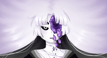 Rule 34 | 1girl, black kimono, black sclera, close-up, collarbone, colored sclera, colored skin, cracked face, cracked skin, crystal, dea tacita (gallaxi), gallaxi, japanese clothes, kimono, long hair, open mouth, original, purple mouth, solo, straight-on, thick eyebrows, very long hair, white background, white eyes, white skin