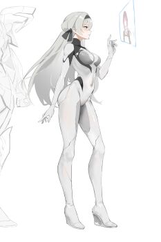 1girl absurdres black_hairband bodysuit commentary english_commentary firefly_(ar-26710)_(honkai:_star_rail) firefly_(honkai:_star_rail) grey_bodysuit grey_hair hairband highres honkai:_star_rail honkai_(series) kafka_(honkai:_star_rail) mecha_pilot_suit multicolored_eyes official_alternate_costume smurtz solo