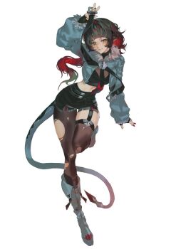 1girl animal_ears black_gloves black_necktie black_shorts blue_eyes boots breasts charismaing commentary earrings fingerless_gloves full_body fur-trimmed_jacket fur_trim garter_straps gloves grey_boots grey_jacket high-waist_shorts jacket jane_doe_(zenless_zone_zero) jewelry leg_up long_hair long_tail looking_at_viewer medium_breasts midriff mouse_ears mouse_girl mouse_tail multicolored_hair necktie pantyhose parted_lips red_hair red_nails red_necktie sharp_tail shorts simple_background single_garter_strap single_leg_pantyhose single_thighhigh smile solo standing standing_on_one_leg tail thighhighs torn_clothes torn_pantyhose torn_thighhighs two-tone_necktie white_background zenless_zone_zero