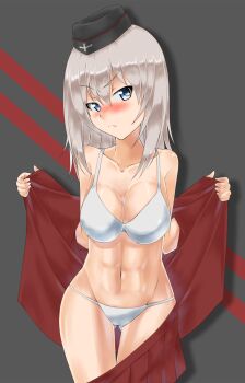 Rule 34 | 10s, 1girl, abs, arai kogane, black hat, blue eyes, blush, bra, breasts, cleavage, closed mouth, clothes pull, collarbone, cowboy shot, dress shirt, embarrassed, female focus, frown, garrison cap, girls und panzer, gluteal fold, grey background, hat, highres, itsumi erika, kuromorimine military uniform, large breasts, long hair, looking at viewer, military, military hat, military uniform, miniskirt, navel, open clothes, open shirt, panties, pleated skirt, red shirt, red skirt, shiny skin, shirt, silver hair, skirt, skirt pull, solo, standing, string panties, thigh gap, underwear, undressing, white bra, white panties