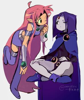 2girls antenna_hair armlet arrcticc_fish artist_name black_leotard blue_cape boots cape commentary crossed_legs dc_comics english_commentary finger_to_mouth floating forehead_jewel full_body grey_background hands_on_own_knees highres indian_style jewelry leotard long_hair multiple_girls one_eye_closed pencil_skirt pink_hair purple_footwear purple_hair purple_skirt purple_tank_top raven_(dc) short_hair simple_background sitting skirt starfire tank_top teen_titans thigh_boots y2k_fashion