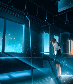 1girl black_hair black_sailor_collar black_skirt blue_sky chair commentary_request crescent_moon highres moon moonbeam moonlight night nor_ni original pleated_skirt sailor_collar scenery school_uniform shirt short_hair short_sleeves skirt sky solo standing star_(sky) train_interior umbrella white_shirt