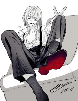 1girl absurdres animal_ears bang_dream! bang_dream!_it&#039;s_mygo!!!!! blush chihaya_anon chinese_commentary commentary_request dated fang hero45439083942 highres long_hair open_mouth pants partially_unbuttoned shoes signature single_shoe socks solo suspenders sweatdrop