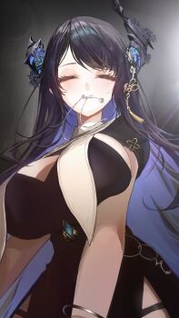 1girl absurdres black_dress black_hair blue_hair breasts closed_eyes closed_mouth colored_inner_hair commentary demon_horns dress english_commentary highres hololive hololive_english horns large_breasts looking_at_viewer mouth_hold multicolored_hair nerissa_ravencroft nun solo thekaiyip thigh_strap two-tone_hair virtual_youtuber