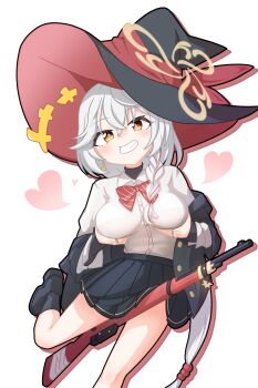 +++ 1girl :d absurdres black_hat black_jacket black_shoes black_skirt black_socks blue_archive blush bow bowtie braid breasts brown_eyes collared_shirt commentary crossed_bangs diagonal-striped_bow diagonal-striped_bowtie diagonal-striped_clothes dress_shirt drop_shadow earrings eri_(blue_archive) foot_out_of_frame grabbing_own_breast grin gun hair_between_eyes hair_bobbles hair_ornament halo hat heart highres jacket jewelry jungandang kneehighs large_breasts long_hair long_sleeves looking_at_viewer low_ponytail miniskirt multiple_rings open_clothes open_jacket open_mouth pleated_skirt ponytail presenting_breasts red_bow red_bowtie ring school_uniform shirt shoes simple_background single_braid single_earring skirt smile socks solo standing standing_on_one_leg striped_bow striped_bowtie striped_clothes very_long_hair weapon white_background white_shirt witch_hat yellow_halo