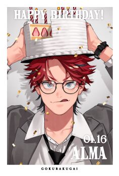 Rule 34 | 1boy, absurdres, alma (gokurakugai), birthday date, black-framed eyewear, black necktie, border, cake, character name, commentary, copyright name, english commentary, fang, food, gokurakugai, grey jacket, happy birthday, highres, holding, holding cake, holding food, jacket, looking at viewer, male focus, necktie, official art, red hair, sano yuuto, skin fang, solo, tongue, tongue out, v-shaped eyebrows, watch, white border, wristwatch