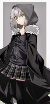 1girl aqua_eyes black_cloak black_dress black_thighhighs breasts cloak commentary_request dress fate_(series) fur-trimmed_cloak fur_trim gray_(fate) grey_hair highres hood hooded_cloak long_hair long_sleeves looking_at_viewer lord_el-melloi_ii_case_files sidelocks small_breasts solo thighhighs thighs yubeshi_(zecxl)
