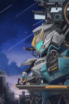 1girl absurdres armband aymkinon black_hairband black_thighhighs dawn firefly_(honkai:_star_rail) grey_hair hairband highres honkai:_star_rail honkai_(series) jacket long_hair machine mecha ponytail robot sitting sky solo thighhighs town