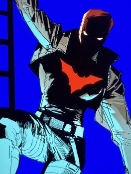 1boy 3000zialg bat_signal batman_(series) batman_symbol black_bodysuit bodysuit brown_jacket dc_comics grey_bodysuit highres jacket jason_todd long_sleeves looking_at_viewer male_focus multicolored_bodysuit muscular muscular_male pants red_hood_(dc) red_hood_and_the_outlaws red_mask simple_background solo superhero_costume taut_bodysuit two-tone_bodysuit