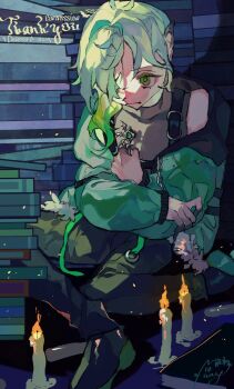 1boy asymmetrical_bangs black_pants black_shoes book book_stack candle closed_mouth commentary_request deimos_grim full_body green_eyes green_hair green_jacket grey_shirt hair_over_one_eye highres holding holding_key indie_virtual_youtuber jacket key long_sleeves male_focus medium_hair pants pointy_ears shinjitsu_no_kuchi shirt shoes signature sitting solo virtual_youtuber