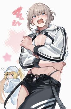 1boy 1girl :t artoria_caster_(fate) artoria_caster_(swimsuit)_(fate) artoria_caster_(swimsuit)_(fate)_(cosplay) artoria_caster_(swimsuit)_(first_ascension)_(fate) artoria_pendragon_(fate) asymmetrical_clothes asymmetrical_pants baseball_cap bikini black_hoodie black_pants blonde_hair blush bow_pants closed_mouth cosplay costume_switch covering_self covering_stomach criss-cross_halter cropped_jacket crossdressing embarrassed fate/grand_order fate_(series) green_eyes hair_between_eyes hair_bun halterneck hat highleg highleg_bikini highres hood hoodie jacket long_hair long_sleeves looking_at_another looking_at_viewer looking_back midriff newsboy_cap oberon_(fate) oberon_(refreshing_summer_prince)_(fate) oberon_(refreshing_summer_prince)_(fate)_ oberon_(refreshing_summer_prince)_(fate)_(cosplay) open_mouth pants pout puffy_cheeks sausu_hitori short_hair shrug_(clothing) sidelocks sigh simple_background single_pantsleg star_(symbol) striped_clothes striped_hoodie sweat sweatdrop swimsuit switch teeth trap twintails upper_teeth_only white_background white_bikini white_hat white_jacket