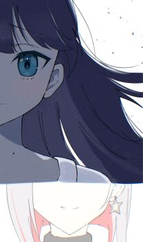 Rule 34 | 2girls, blue eyes, blue hair, chromatic aberration, closed mouth, commentary request, earrings, half updo, highres, jewelry, link! like! love live!, love live!, mole, mole on neck, multiple girls, murano sayaka, raised inner eyebrows, shirt, simple background, smile, star (symbol), star earrings, syoma (1026syoma), thumbnail collage, virtual youtuber, white background, white shirt, yugiri tsuzuri, yugiri tsuzuri (post-graduation)