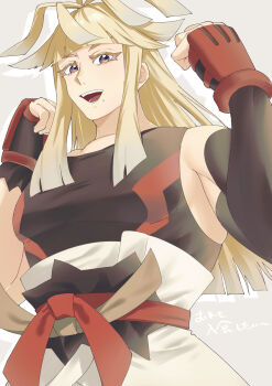 1boy :d absurdres blonde_hair clenched_hand hands_up highres ivor_(pokemon) large_pectorals long_hair looking_at_viewer male_focus mole mole_under_mouth ni_(7no8210mare) nintendo open_mouth pectorals pokemon smile solo standing