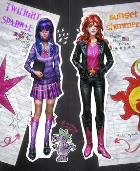 2girls american_flag black_jacket black_pants blue_eyes boots buckle character_age character_name choker commentary cross cross_earrings earrings english_commentary hair_ornament hands_in_pockets height highres humanization jacket jewelry leather leather_jacket long_hair multicolored_hair multiple_girls my_little_pony my_little_pony:_equestria_girls my_little_pony:_friendship_is_magic orange_hair pants png_stalin purple_skirt purple_sweater skirt star_(symbol) star_hair_ornament streaked_hair striped_clothes striped_sweater sunset_shimmer sunset_shimmer_(human) sweater twilight_sparkle twilight_sparkle_(human) union_jack