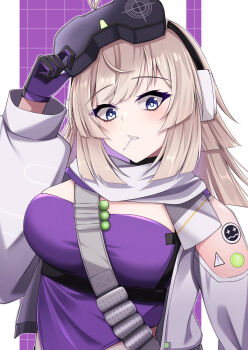 1girl aa-12_(girls&#039;_frontline) absurdres adjusting_eyewear bare_shoulders blue_eyes blush breasts brown_hair cropped_jacket curious girls&#039;_frontline girls&#039;_frontline_2:_exilium gloves hand_up head-mounted_display highres jacket kamiya_(kamiya19930330) large_breasts lind_(girls&#039;_frontline_2) lollipop_in_mouth long_hair looking_at_viewer open_clothes open_jacket purple_tank_top solo staring tank_top upper_body white_jacket