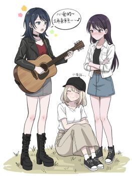 3girls ^_^ bang_dream! bang_dream!_it's_mygo!!!!! black_boots black_choker black_hair black_hat black_jacket black_shirt black_shorts blonde_hair blue_eyes blush boots choker closed_eyes closed_mouth collarbone collared_shirt commentary_request crossed_arms denim denim_skirt full_body grass guitar hat highres holding holding_guitar holding_instrument instrument jacket kukmmo long_hair long_skirt looking_at_another medium_hair misumi_uika multiple_girls music open_clothes open_mouth open_shirt purple_eyes red_shirt shiina_taki shirt short_hair shorts singing sitting skirt smile socks speech_bubble standing sweatdrop three-quarter_sleeves white_background white_shirt white_socks yahata_umiri yuri