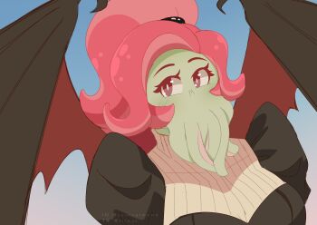 Rule 34 | 1girl, bat wings, black dress, breasts, catovyen, cthulhu mythos, dress, highres, large breasts, ln'eta, looking at viewer, mouth tentacles, pink hair, solo, sucker for love, tentacle hair, wings
