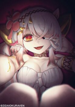 Rule 34 | 1girl, armlet, bare shoulders, breasts, cleavage, collarbone, commentary request, duel monster, fang, flower, front-tie top, hair flower, hair ornament, hair over one eye, hand on own chest, highres, jewelry, large breasts, long bangs, long hair, looking at viewer, monster girl, multicolored hair, navel, open mouth, plant, plant girl, pointy ears, red eyes, solo, strapless, traptrix pinguicula, tube top, two-tone hair, white tube top, yu-gi-oh!, zidai okuraven