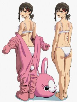 1girl :o absurdres animal_costume ass bare_legs barefoot black_hair blush bra breasts chainsaw_man commentary english_commentary higashiyama_kobeni highres looking_at_viewer looking_back mole mole_under_eye mole_under_mouth multiple_hair_clips multiple_moles multiple_views panties ponytail rabbit_costume shiren_(ourboy83) short_ponytail simple_background single_sidelock small_breasts standing sweat underwear white_background white_bra white_panties