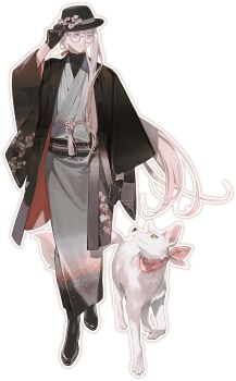 1boy animal bandana bandana_around_neck black_gloves black_haori dog fate/grand_order fate_(series) fedora flower full_body glasses gloves grey_kimono hair_between_eyes hair_ribbon hanasaka_no_okina_(fate) hand_on_headwear haori hat hat_flower highres japanese_clothes kimono long_hair long_hair_between_eyes looking_at_viewer low_ponytail male_focus mole mole_under_eye multiple_moles obi official_art outline pink_eyes pink_hair ponytail ribbon round_eyewear sash second-party_source shirt_under_kimono shoes single_sidelock smile solo standing taa_(acid) tachi-e transparent_background very_long_hair white_dog white_outline