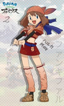 1girl alternate_costume bandana black_socks blue_eyes breasts brown_hair brown_sandals character_name cropped_kimono detached_sleeves eyelashes fankifalu female_focus floral_print full_body happy highres interlocked_fingers japanese_text leg_warmers looking_at_viewer may_(pokemon) medium_hair midriff miniskirt navel neck nintendo open_mouth outstretched_arms own_hands_together pokemon pokemon_legends:_arceus pokemon_rse red_bandana sandals sash short_sleeves shoulder_sash sidelocks skirt small_breasts socks standing stretching swept_bangs thighhighs thighs wide_sleeves