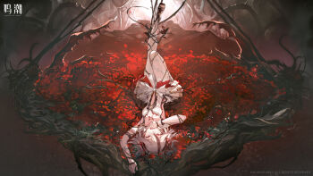 1girl absurdres arm_up asymmetrical_clothes black_flower black_ribbon blake_bloom_(wuthering_waves) breasts camellya_(wuthering_waves) character_name clothing_cutout collar copyright_notice dress fangs flower flower_on_chest hair_between_eyes hair_flower hair_ornament hair_ribbon hair_vines hand_to_own_mouth highres knee_up leg_up logo looking_at_viewer lying multicolored_hair navel official_art on_back open_mouth outstretched_leg pants plant red_flower red_pupils red_ribbon red_rose ribbon rose short_hair sideless_dress single_pantsleg small_breasts smile solo stomach_cutout streaked_hair tacet_mark_(wuthering_waves) thorns vines white_collar white_dress white_hair white_pants wuthering_waves