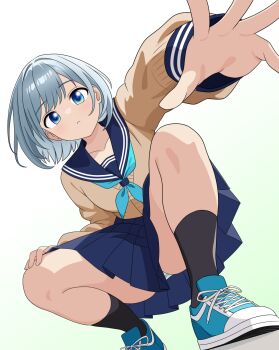 1girl aqua_neckerchief black_socks blue_eyes blue_sailor_collar blue_shoes blue_skirt brown_sweater closed_mouth collarbone commentary_request expressionless full_body gradient_background grey_hair hand_on_own_knee highres light_frown looking_at_viewer neckerchief original outstretched_arm panties panty_peek pantyshot parted_bangs pleated_skirt reaching reaching_towards_viewer sailor_collar school_uniform serafuku shoes short_hair skirt sneakers socks solo squatting striped_clothes striped_panties sweater swept_bangs take_zenni_chikuzenni underwear
