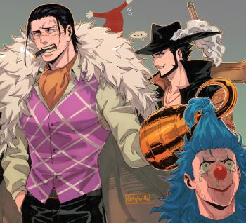 3boys angry buggy_the_clown cowboy_shot crocodile_(one_piece) devil_fruit_power dracule_mihawk facial_hair frown highres holding_detached_head huge_pectorals jewelry male_focus mature_male multiple_boys mustache necklace one_piece profile runny_nose severed_head short_hair snot standing tearing_up tirtyturtle yellow_eyes