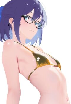 Rule 34 | 1girl, a-chan (hololive), alternate costume, armpit crease, bikini, black-framed eyewear, blue bow, blue eyes, bow, breasts, closed mouth, cohi27151463, commentary, double-parted bangs, from side, glasses, gold bikini, hair between eyes, hair bow, hololive, light smile, looking at viewer, navel, purple hair, short hair, simple background, small breasts, solo, swimsuit, upper body, virtual youtuber, white background