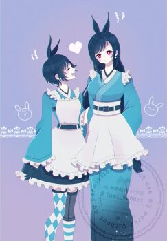 2girls adapted_costume animal_ears apron asymmetrical_legwear belt belt_buckle black_hair blue_kimono blush breasts buckle closed_eyes closed_mouth commentary_request cosplay earrings facing_another feet_out_of_frame final_fantasy final_fantasy_vii final_fantasy_vii:_ever_crisis frilled_apron frilled_skirt frilled_sleeves frills heart height_difference highres japanese_clothes jewelry kimono long_hair long_sleeves looking_at_another lumi_1000 medium_breasts motion_lines multiple_girls official_alternate_costume open_mouth pearl_earrings rabbit_ears red_eyes short_hair skirt smile standing swept_bangs thighhighs tifa_lockhart white_apron wide_sleeves yuffie_kisaragi yuffie_kisaragi_(bunny_apron) yuffie_kisaragi_(cosplay)