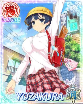 1girl arm_up backpack bag blue_eyes blue_hair blue_sky border bowl_cut breast_pocket breasts card_(medium) character_name closed_mouth day game_cg hat kindergarten_bag large_breasts light_frown long_sleeves looking_at_viewer official_art outdoors pink_shirt plaid_clothes plaid_skirt pocket randoseru red_bag red_skirt road_sign school_hat senran_kagura senran_kagura_new_wave shirt short_hair sign skirt sky solo third-party_source yellow_hat yozakura_(senran_kagura)