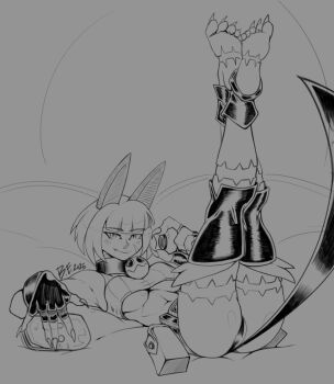 1girl 2025 animal_ears ass belt_pouch bob_cut breasts cat_ears cat_girl cat_tail closed_mouth coin collar commentary crop_top detached_leggings facial_scar fang fang_out feet feet_up fingerless_gloves fingernails full_body gloves greyscale highres holding holding_coin large_breasts looking_at_viewer lying meltgar monochrome ms._fortune_(skullgirls) on_back pouch ribbed_shirt scar scar_on_cheek scar_on_face scar_on_feet scar_on_leg sharp_fingernails sharp_toenails shirt short_hair shorts signature simple_background skullgirls smile soles solo tail toenails toes underboob variant_set